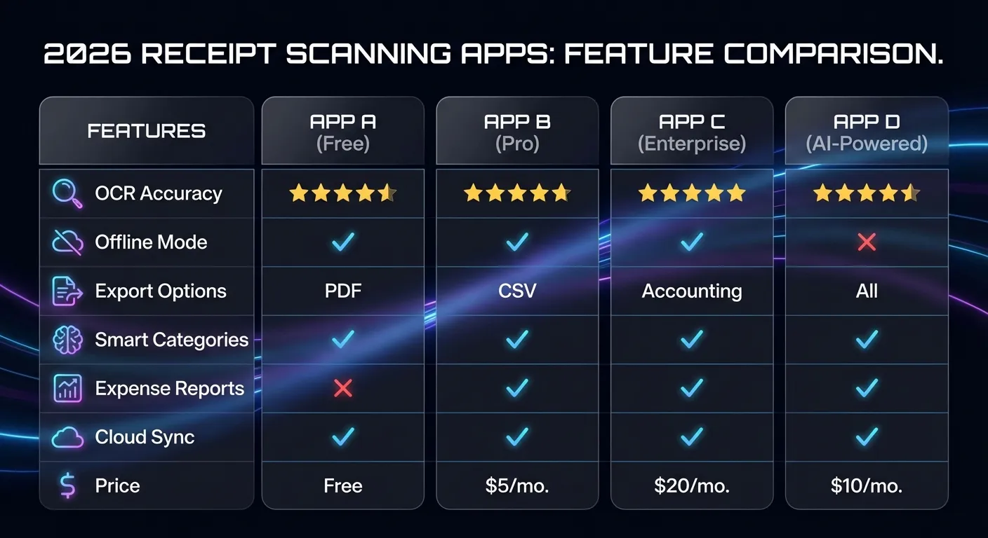 A detailed comparison table of features and pricing for several receipt scanner apps on a digital sc