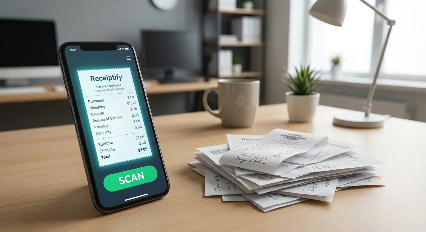 A modern smartphone displaying a digital receipt with a prominent 'Scan' button