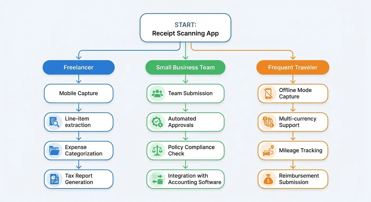 A clear and professional flowchart illustrating different user journeys for receipt scanning apps. P