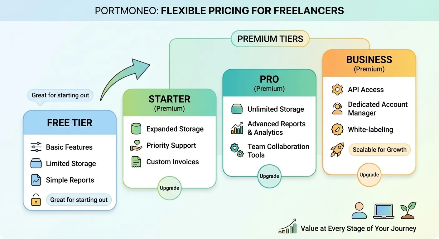 A visually appealing graphic representing Portmoneo's flexible pricing tiers. The graphic should cle