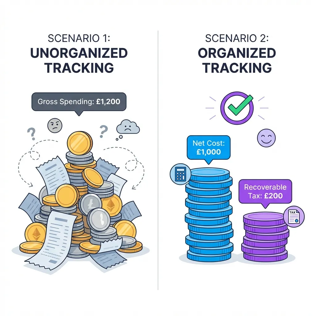 Visual comparison of gross spending vs net spending with tax breakdown