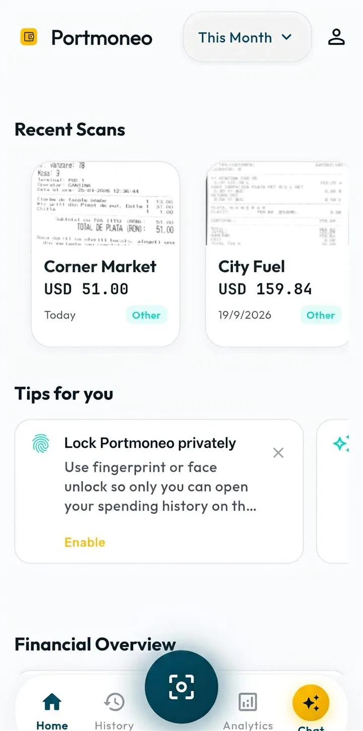 Homescherm van de Portmoneo Android-app met recente uitgaven