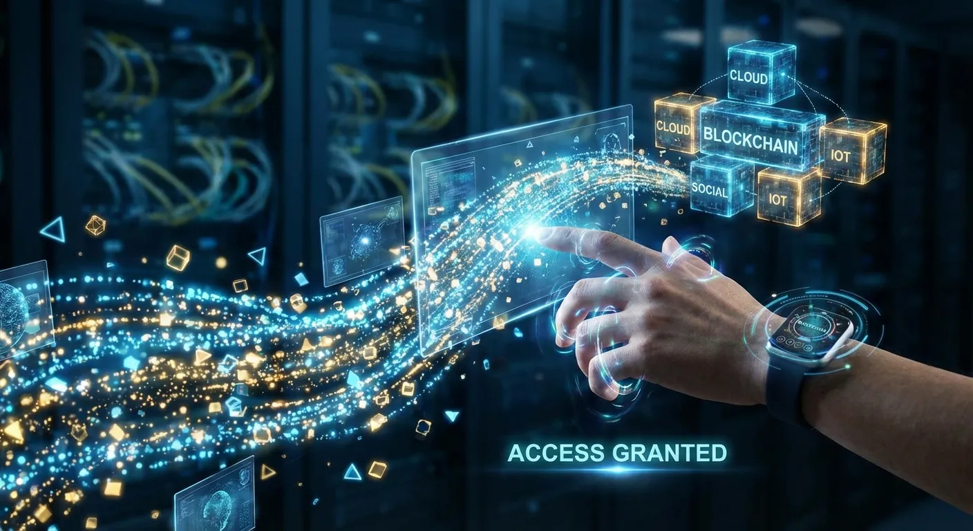 An abstract digital representation of data flowing freely between various digital containers and dev