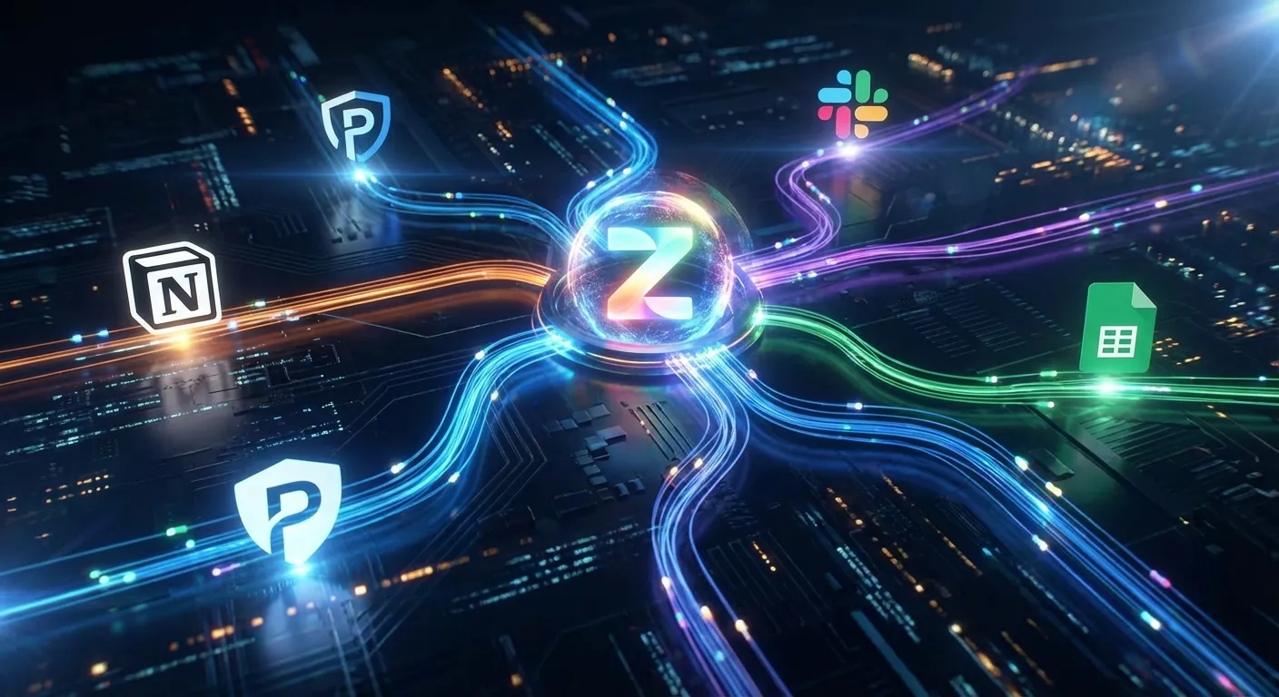 A futuristic diagram illustrating various applications connecting via "Zapier" in the center. Portmo