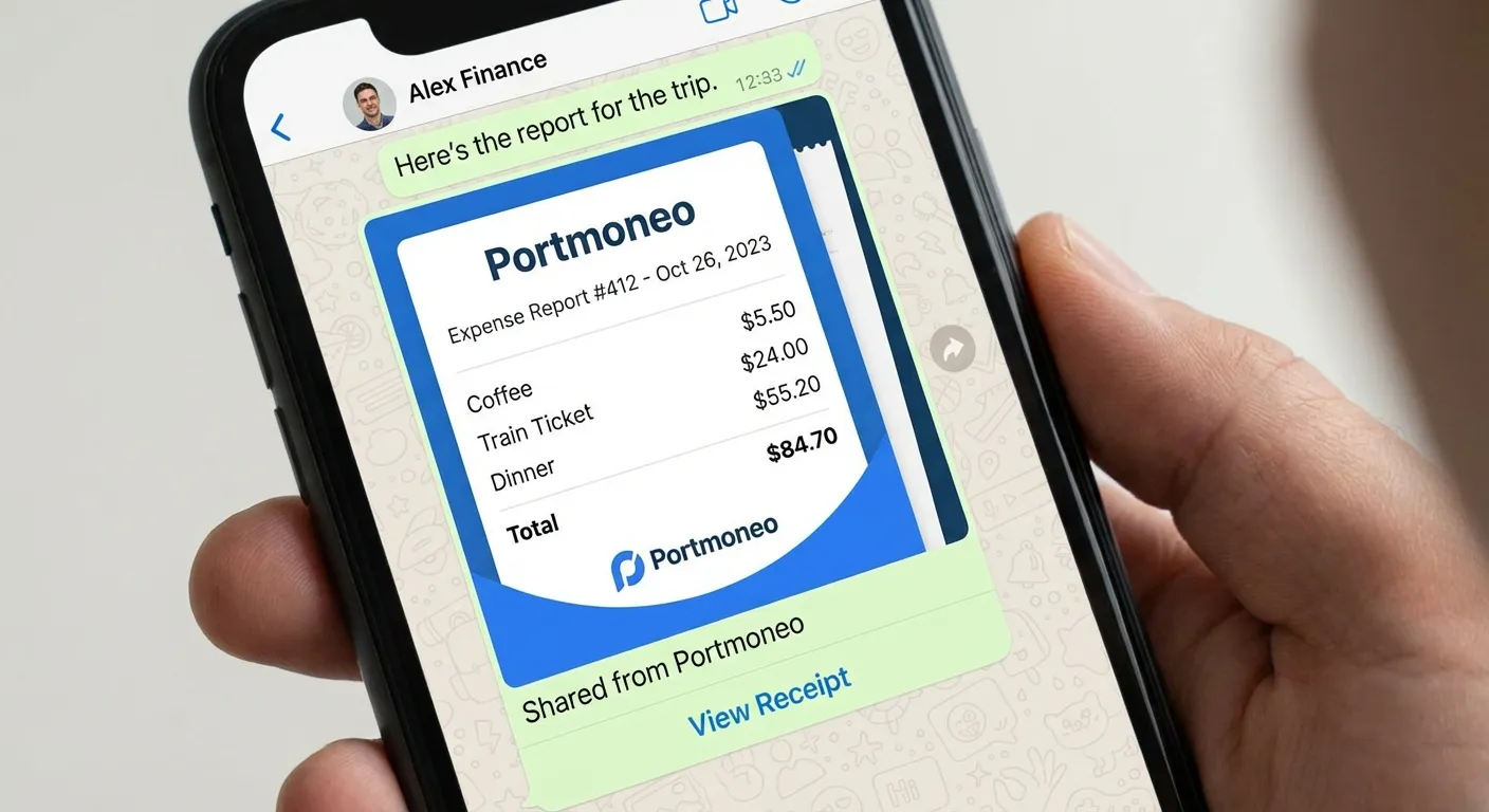 A mobile phone screen showing a Portmoneo receipt being shared via WhatsApp. The receipt is clear an