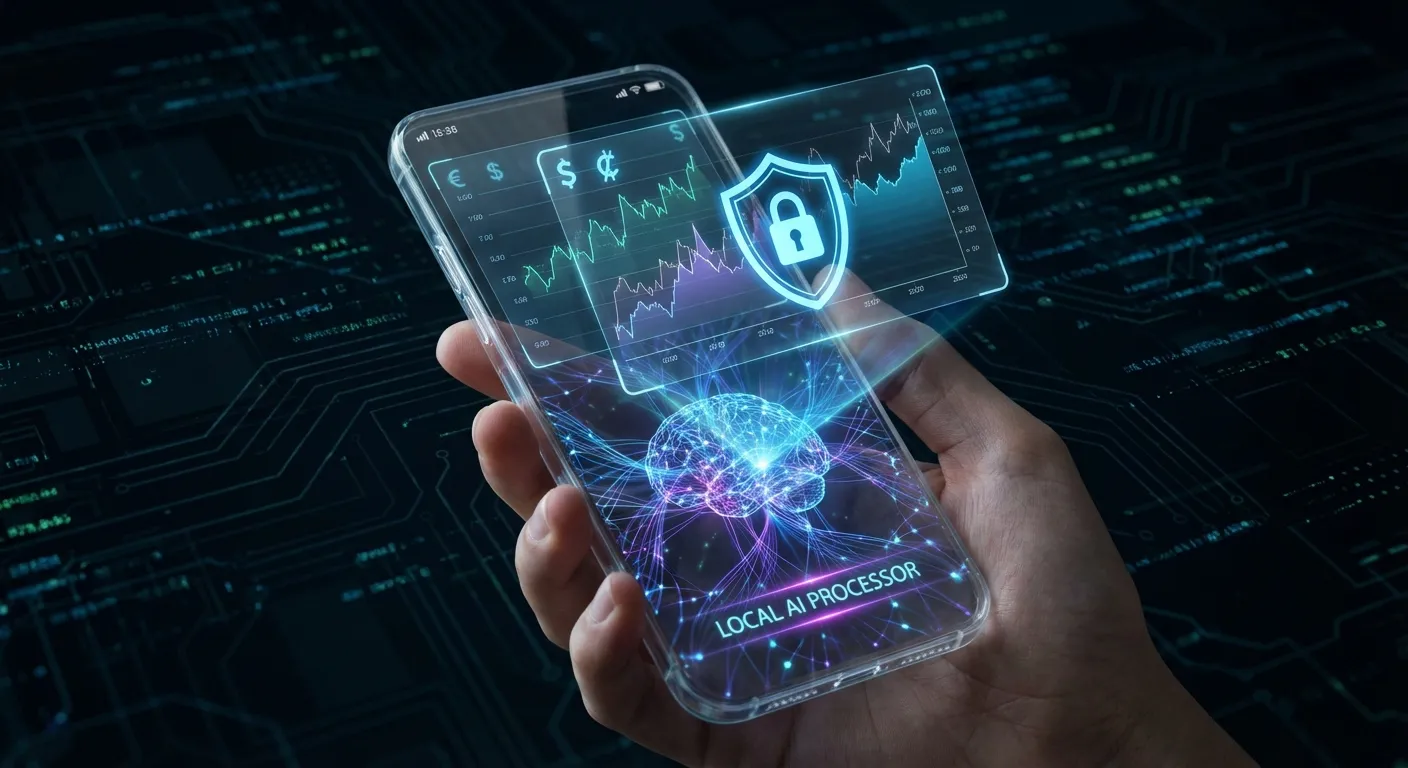 A futuristic smartphone screen displaying an on-device AI processor icon