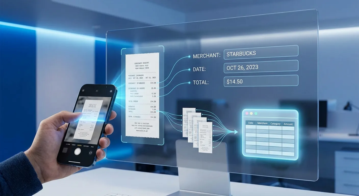 A professional hand scanning a paper receipt with a smartphone into a digital financial management a