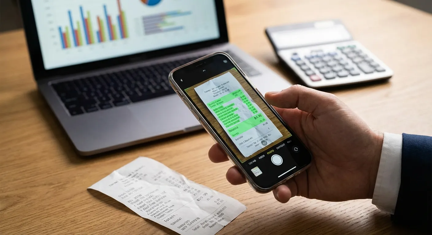 A person's hand using a smartphone to scan a paper receipt