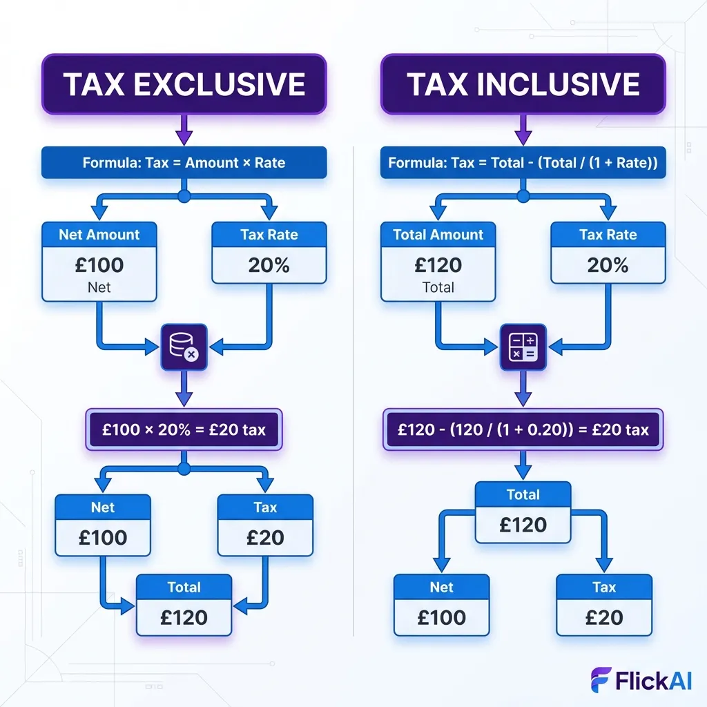 Tax calculation diagram showing inclusive vs exclusive pricing formulas