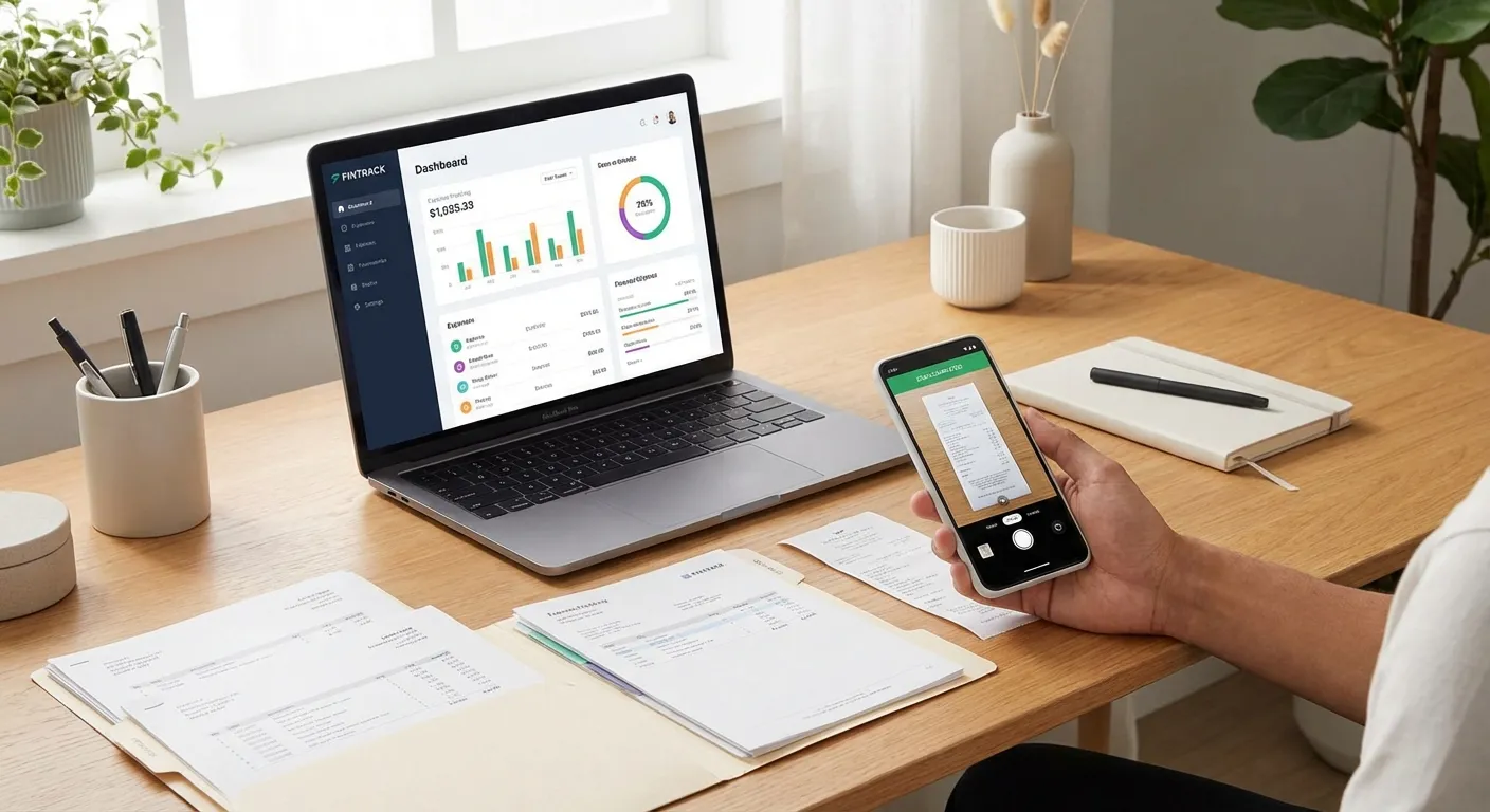 Freelance che prepara una nota spese con scontrini e ricevute su Android