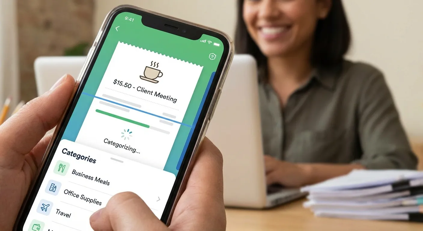 A user friendly mobile app interface displaying a digital receipt being scanned and categorized on a