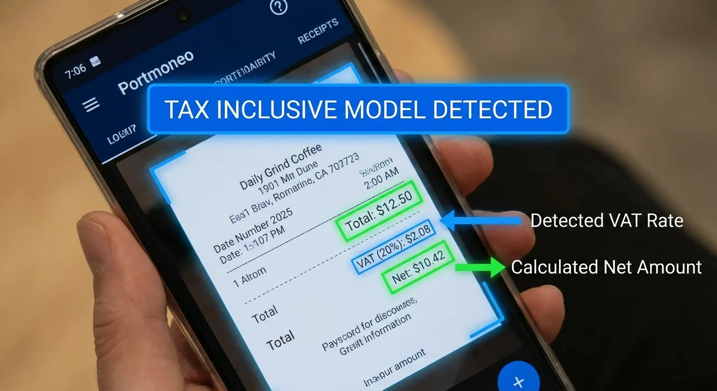 A detailed technical illustration of a smartphone scanning a crumpled receipt. Overlaid digital elem