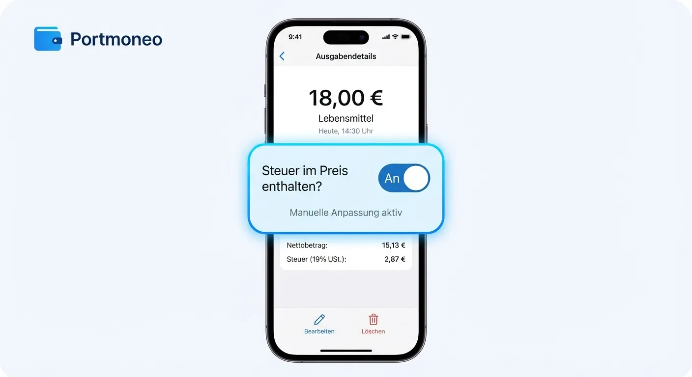 A close-up UI screenshot of the Portmoneo expense detail screen on a smartphone