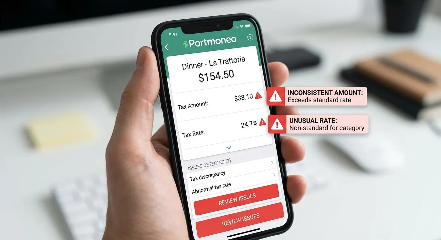 A UI illustration of the Portmoneo expense details screen showing several warning indicators (small