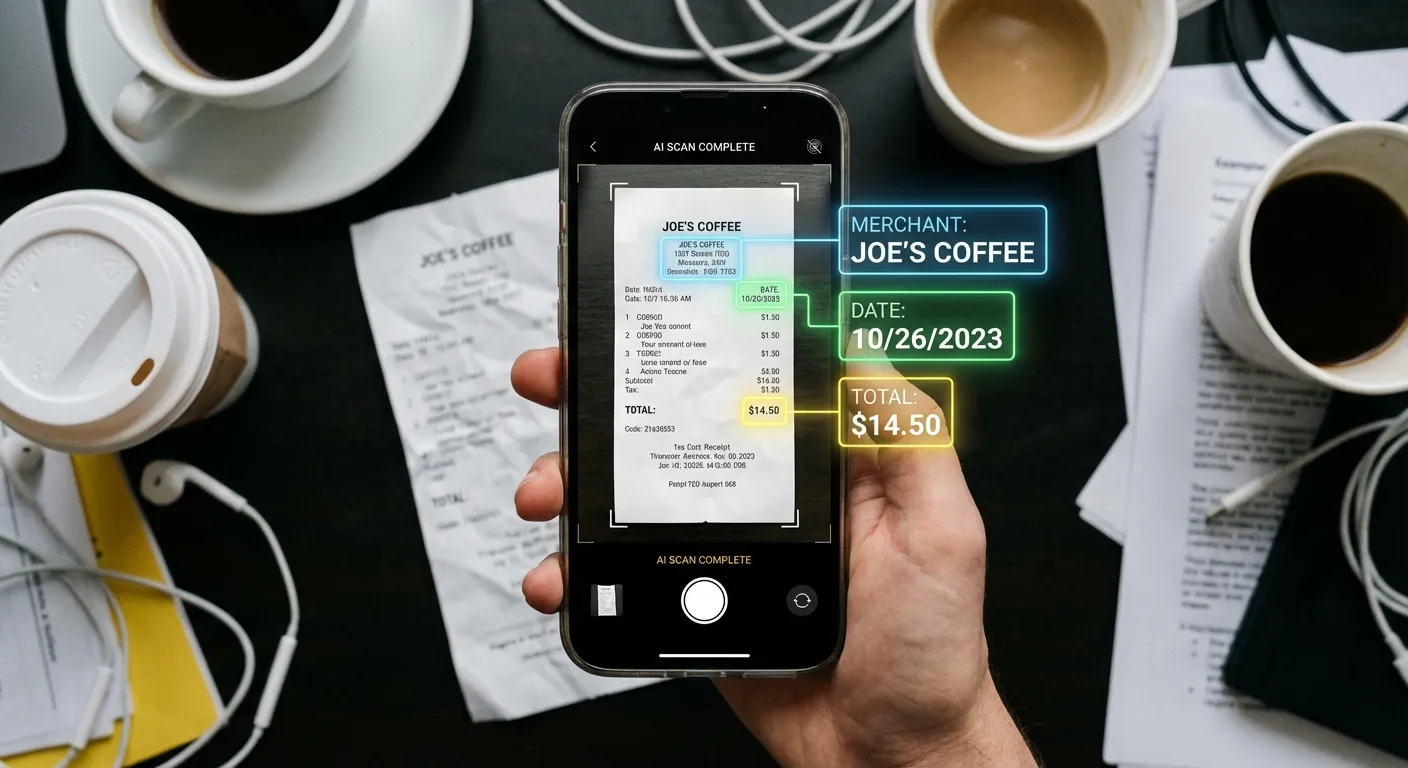 A smartphone camera scanning a receipt on a cluttered desk