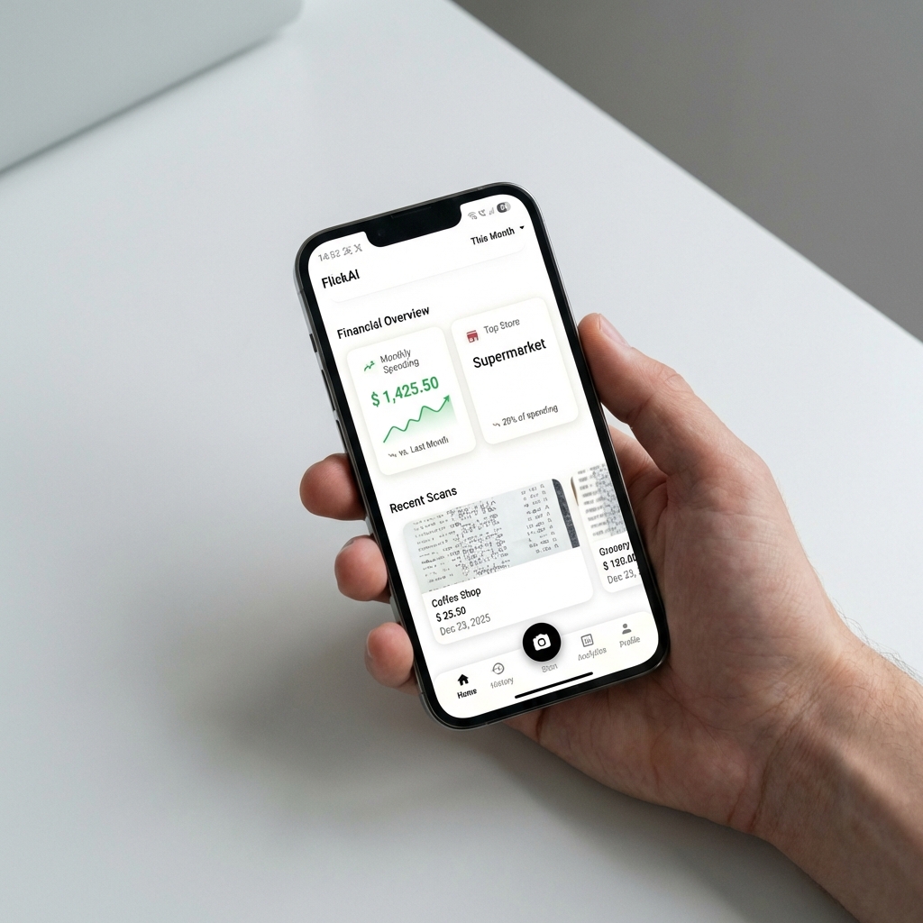 Portmoneo expense tracking app interface showing financial overview and receipt scanning features